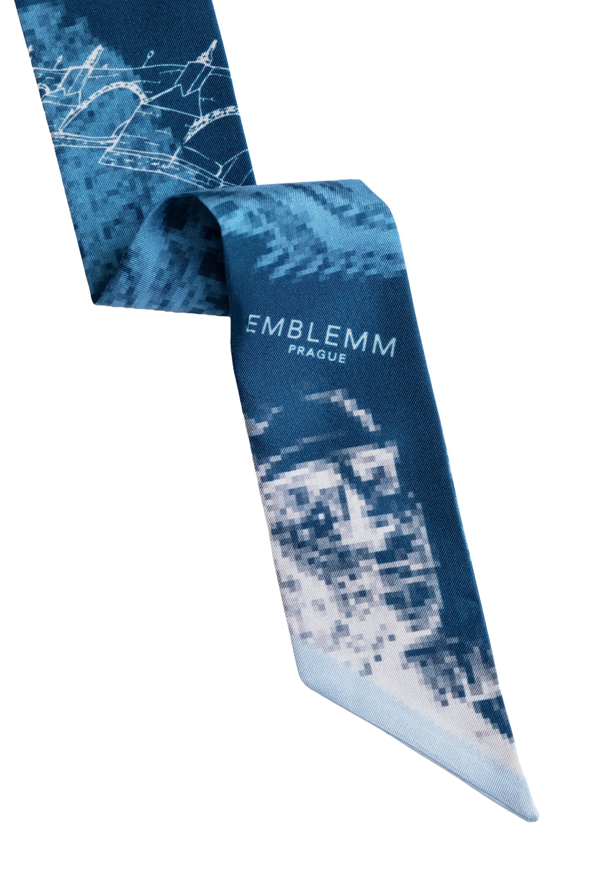 EMBLEMM Thin Silk Scarf with Prague Print 'Distorted Prague' with pixelated and hand-drawn Prague Landmarks in Dark Blue, Light Blue and Green