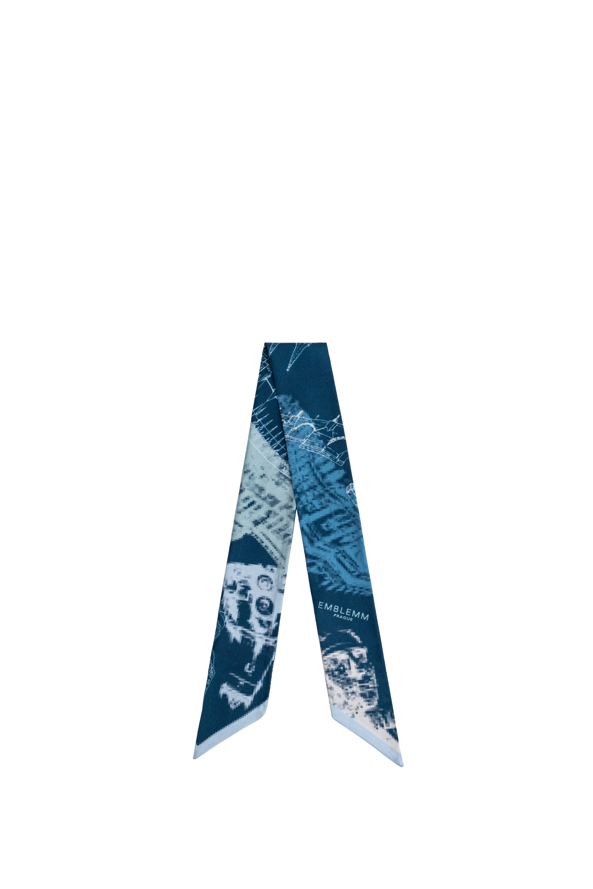 EMBLEMM Thin Silk Scarf with Prague Print 'Distorted Prague' with pixelated and hand-drawn Prague Landmarks in Dark Blue, Light Blue and Green