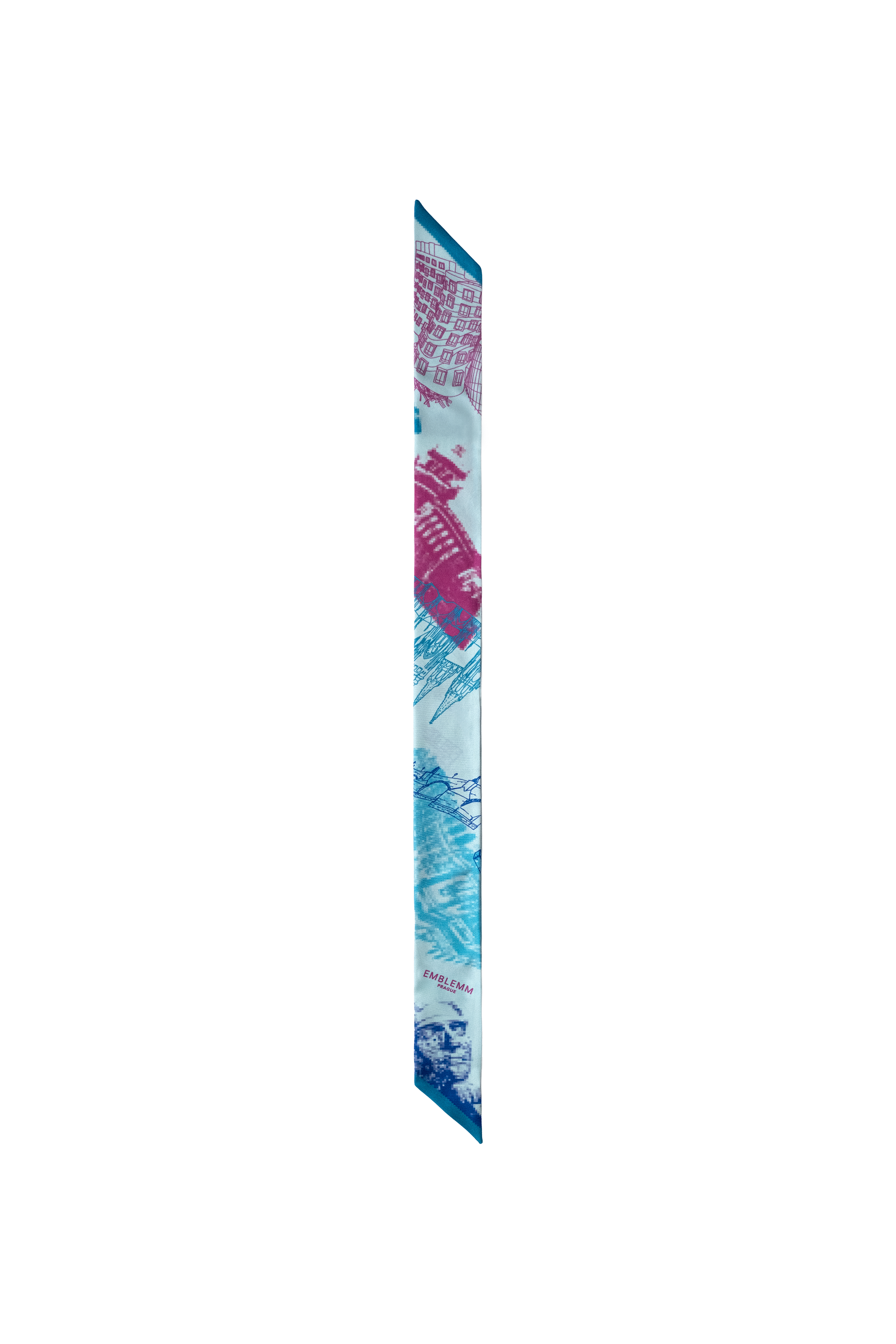 EMBLEMM Thin Silk Scarf with Prague Print 'Distorted Prague' with pixelated and hand-drawn Prague Landmarks in Light Green, Pink and Blue