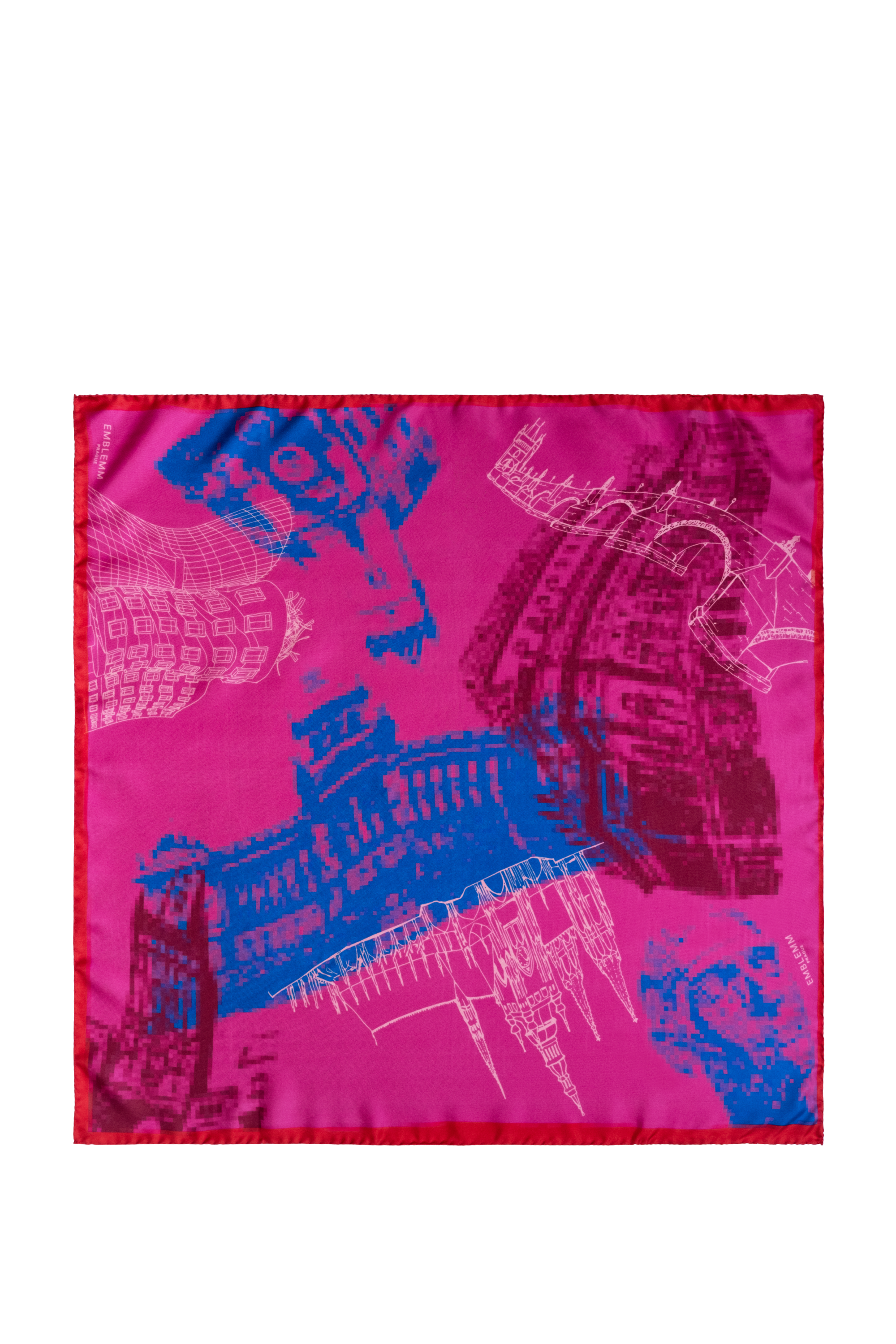 EMBLEMM Square Silk Scarf with Prague Print 'Distorted Prague' with pixelated and hand-drawn Prague Landmarks in Pink and Blue