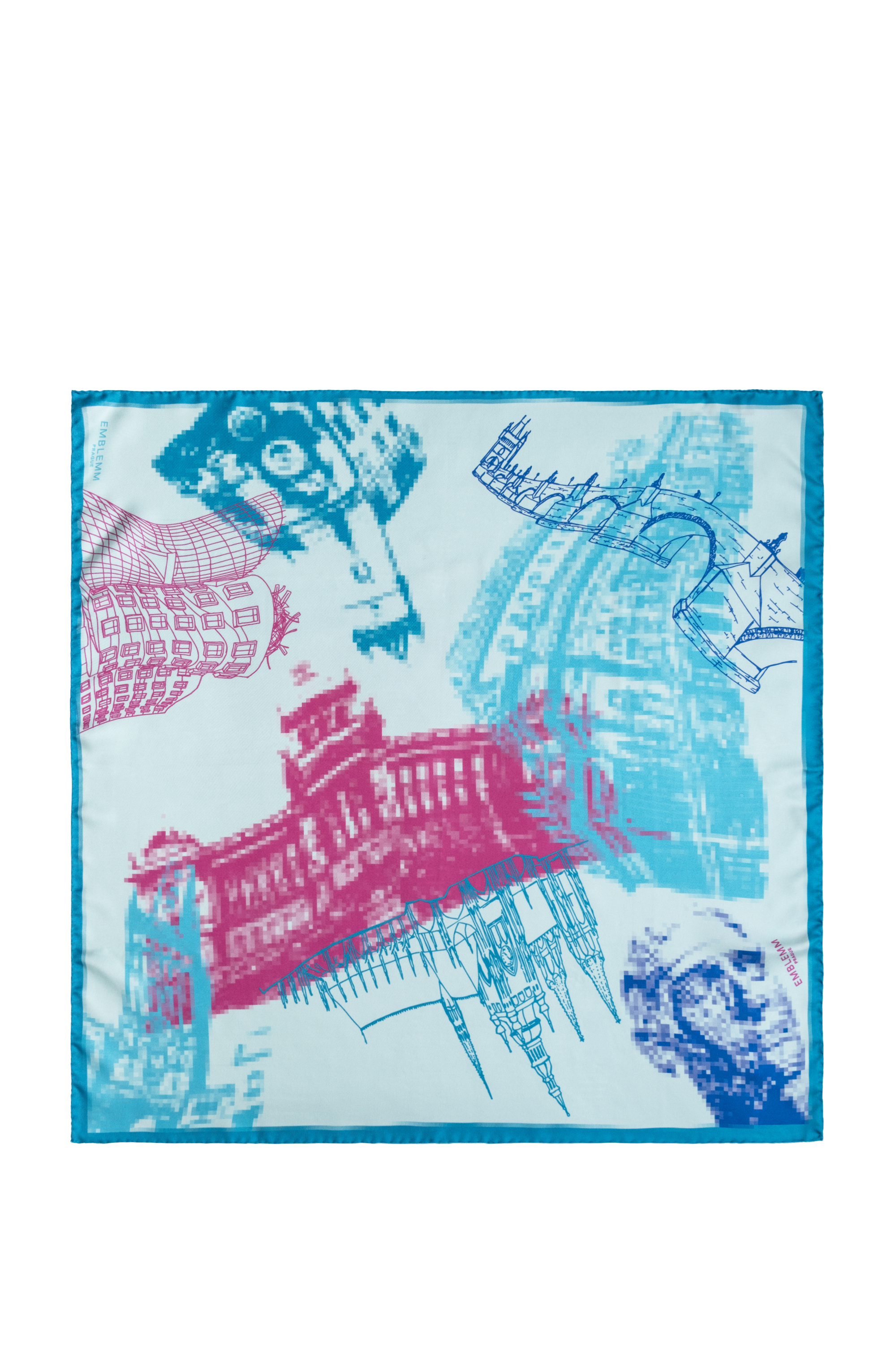 EMBLEMM Square Silk Scarf with Prague Print 'Distorted Prague' with pixelated and hand-drawn Prague Landmarks in Light Green, Pink and Blue