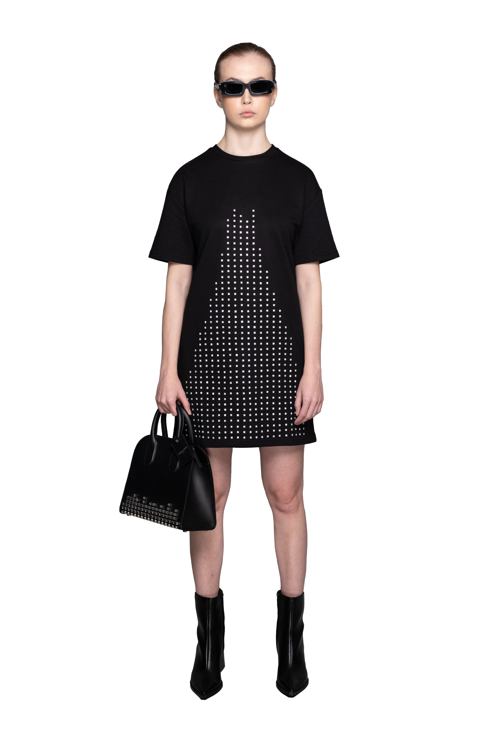 Relaxed Fit T-shirt Dress with Trompe-l'œil Equalizer Studs Print in Organic Cotton Blend