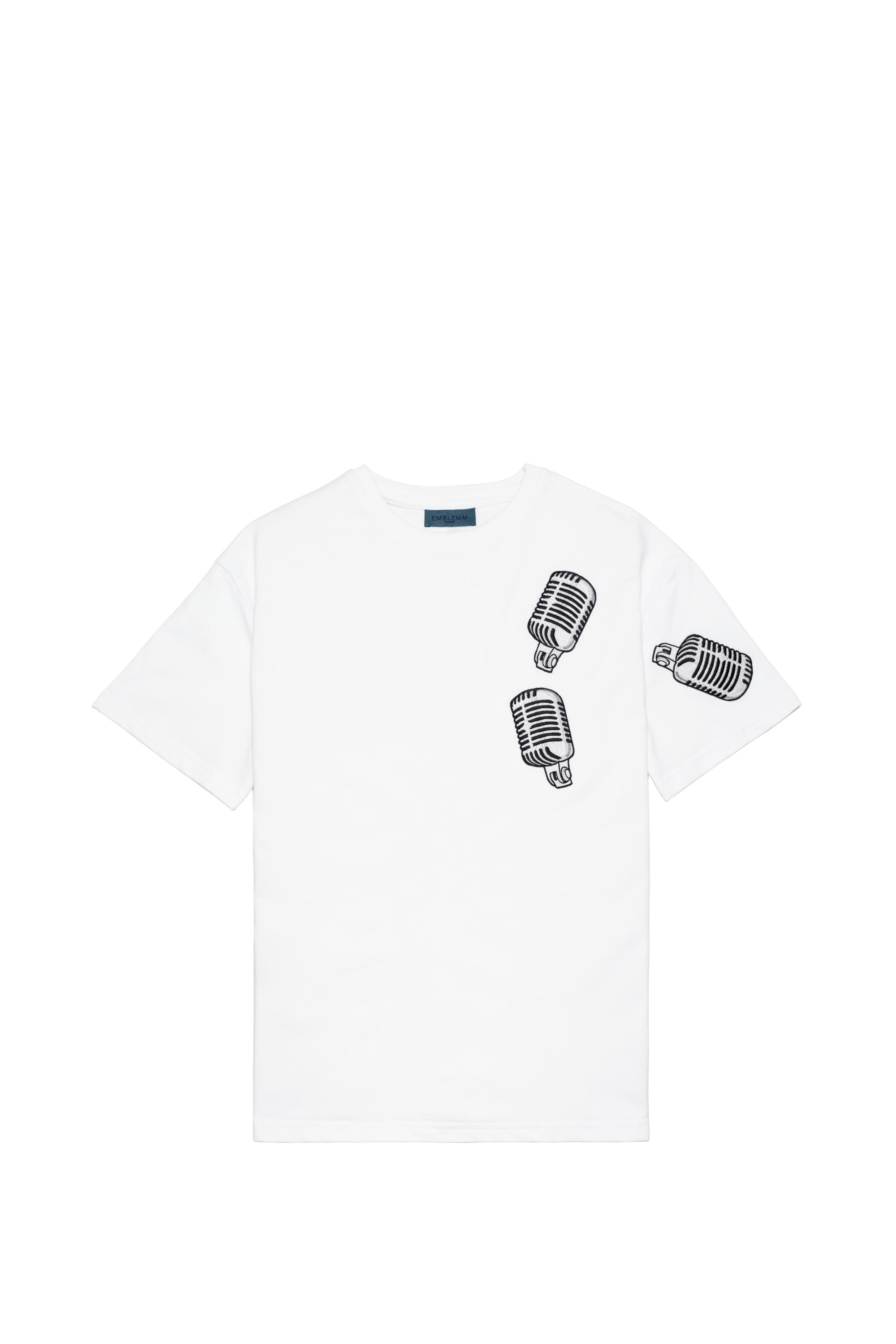 EMBLEMM T-shirt in White Organic Cotton Blend with Vintage Microphone Patches