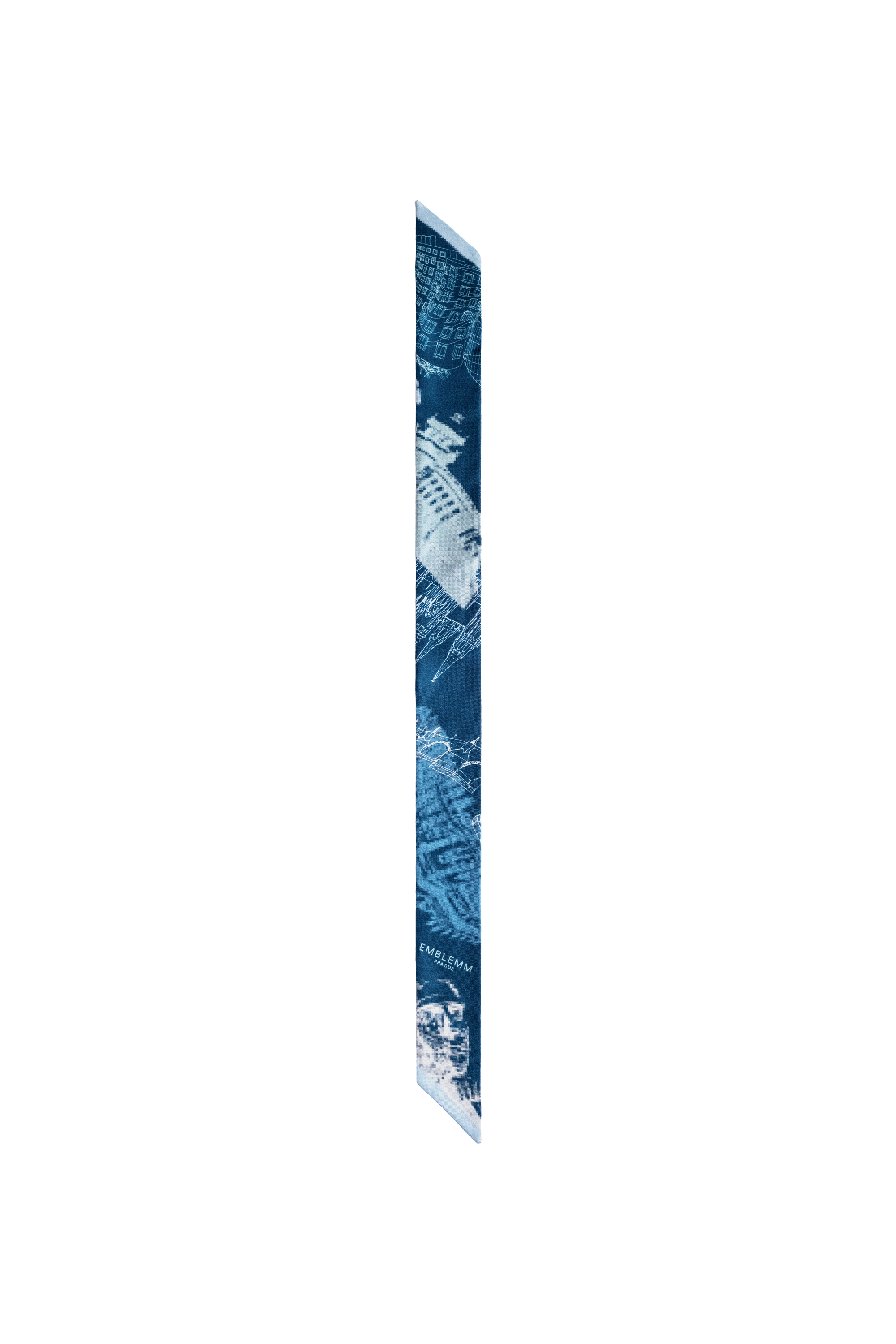 EMBLEMM Thin Silk Scarf with Prague Print 'Distorted Prague' with pixelated and hand-drawn Prague Landmarks in Dark Blue, Light Blue and Green