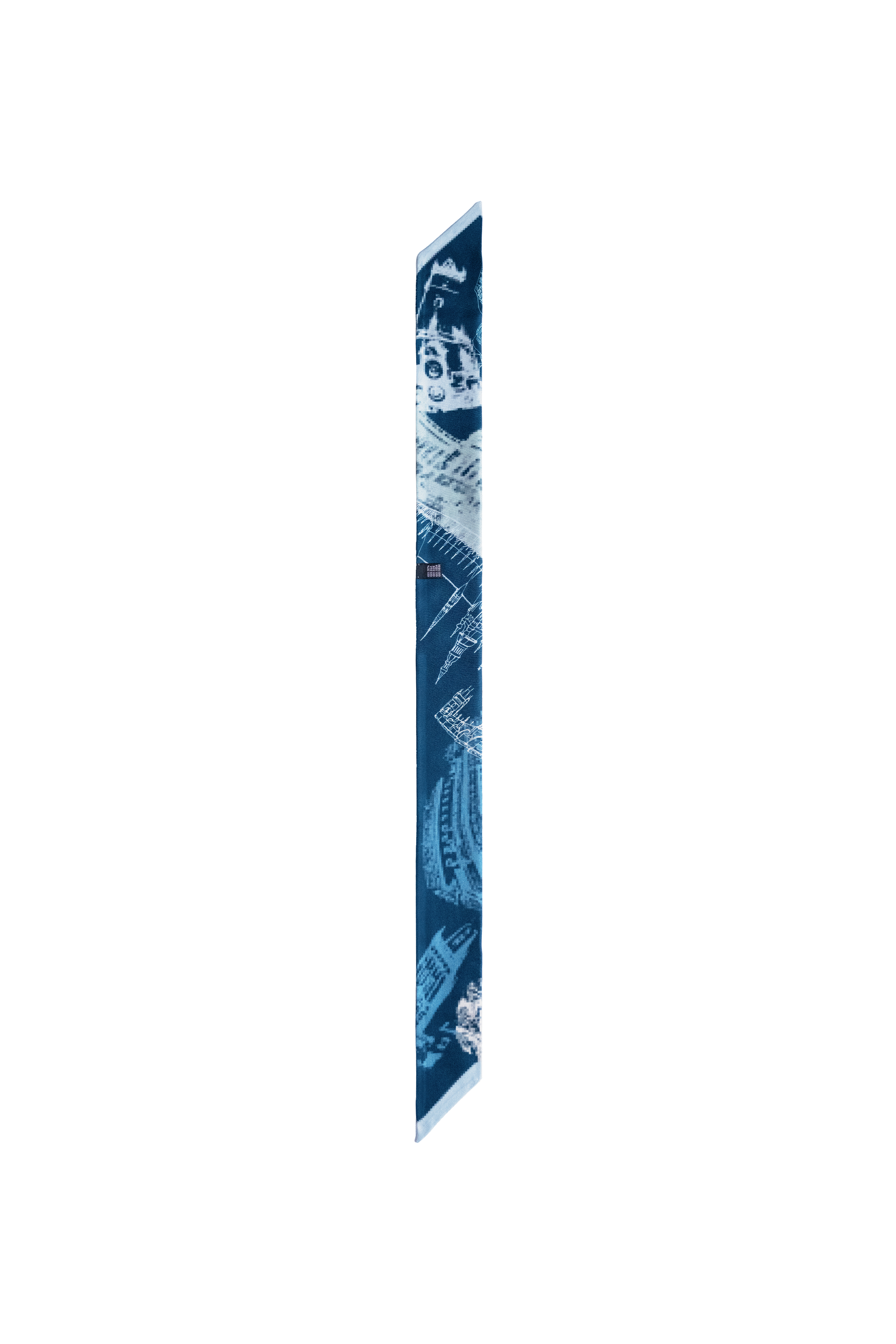 EMBLEMM Thin Silk Scarf with Prague Print 'Distorted Prague' with pixelated and hand-drawn Prague Landmarks in Dark Blue, Light Blue and Green