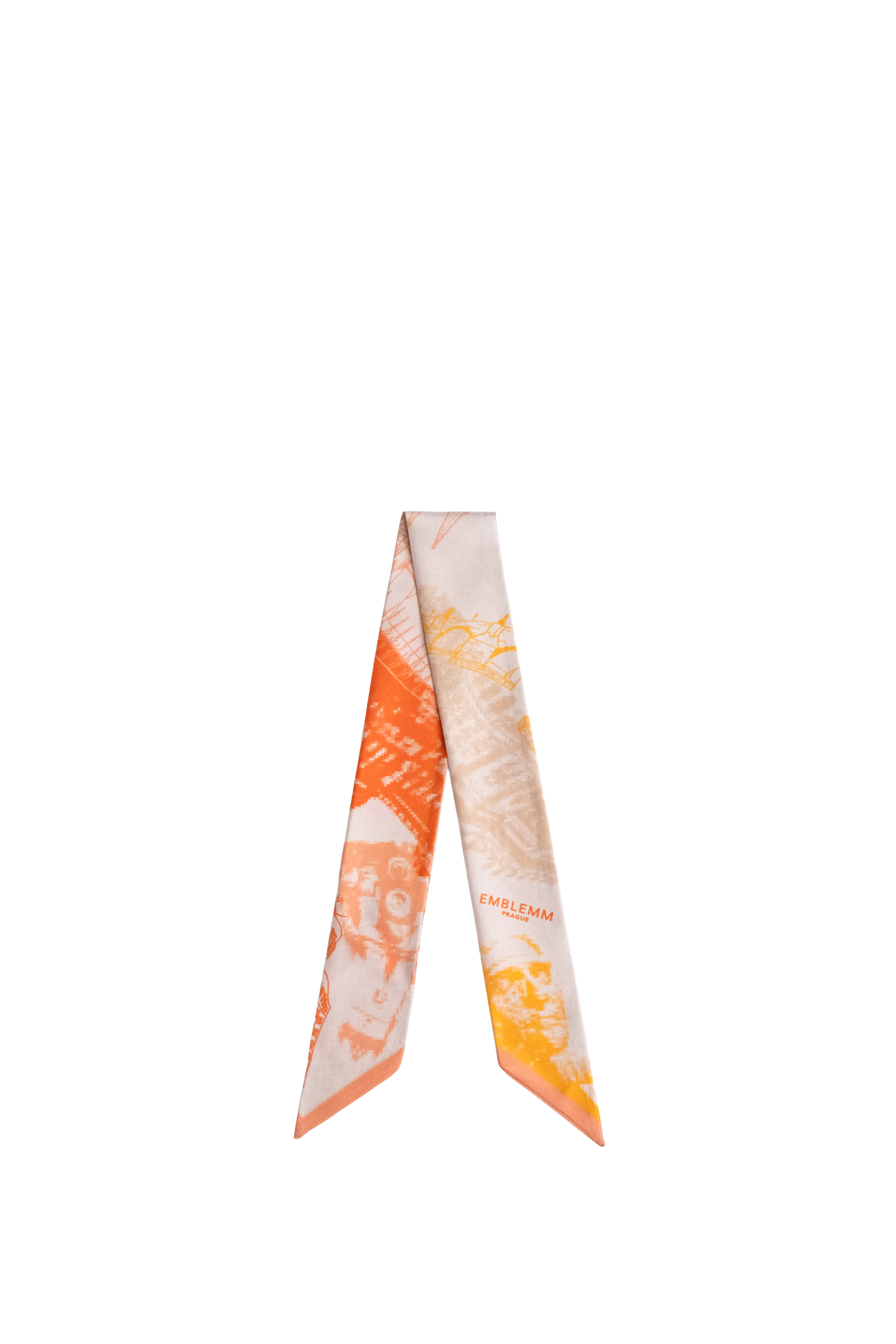 EMBLEMM Thin Silk Scarf with Prague Print 'Distorted Prague' with pixelated and hand-drawn Prague Landmarks in Beige, Orange and Yellow