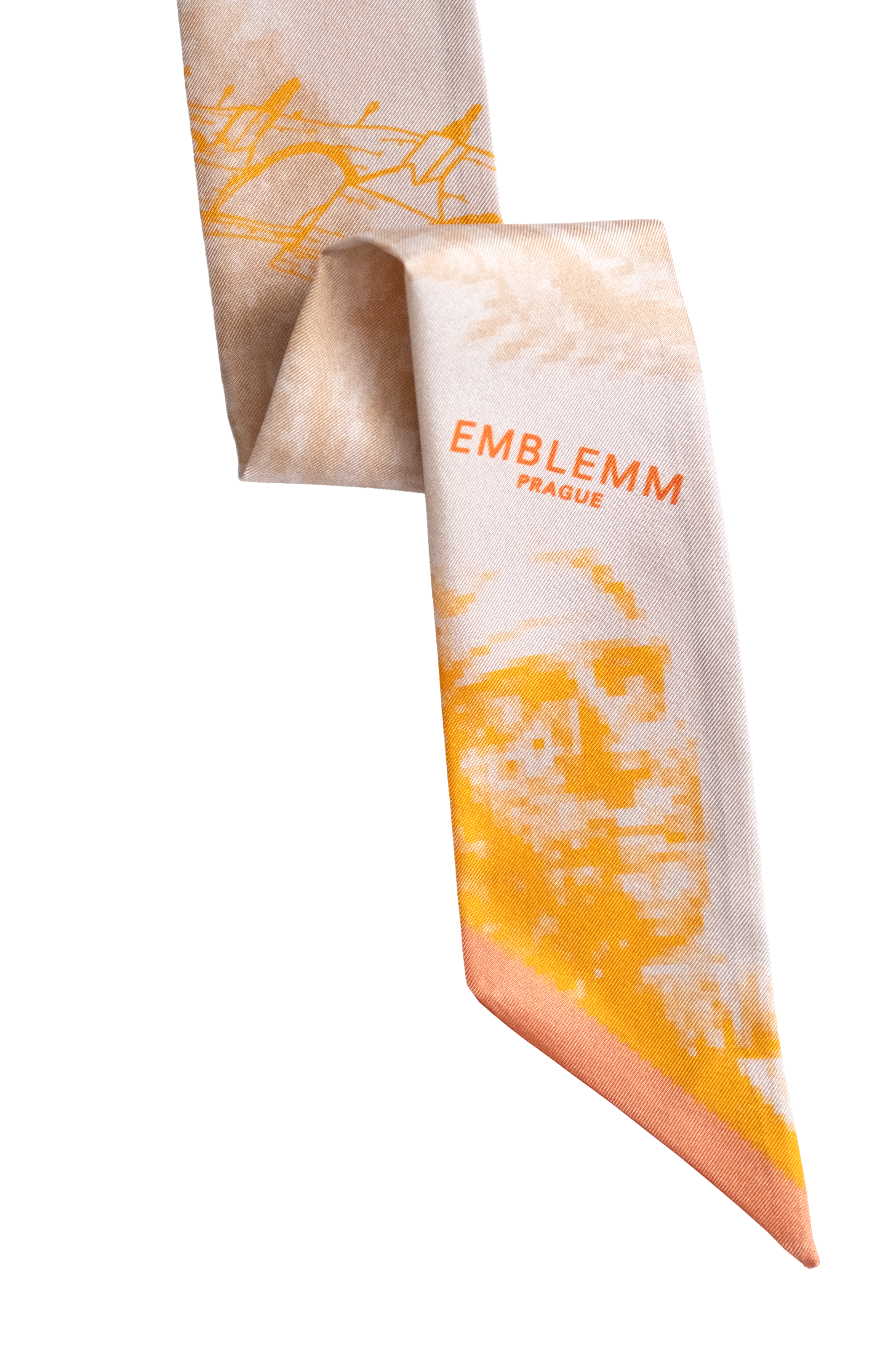 EMBLEMM Thin Silk Scarf with Prague Print 'Distorted Prague' with pixelated and hand-drawn Prague Landmarks in Beige, Orange and Yellow