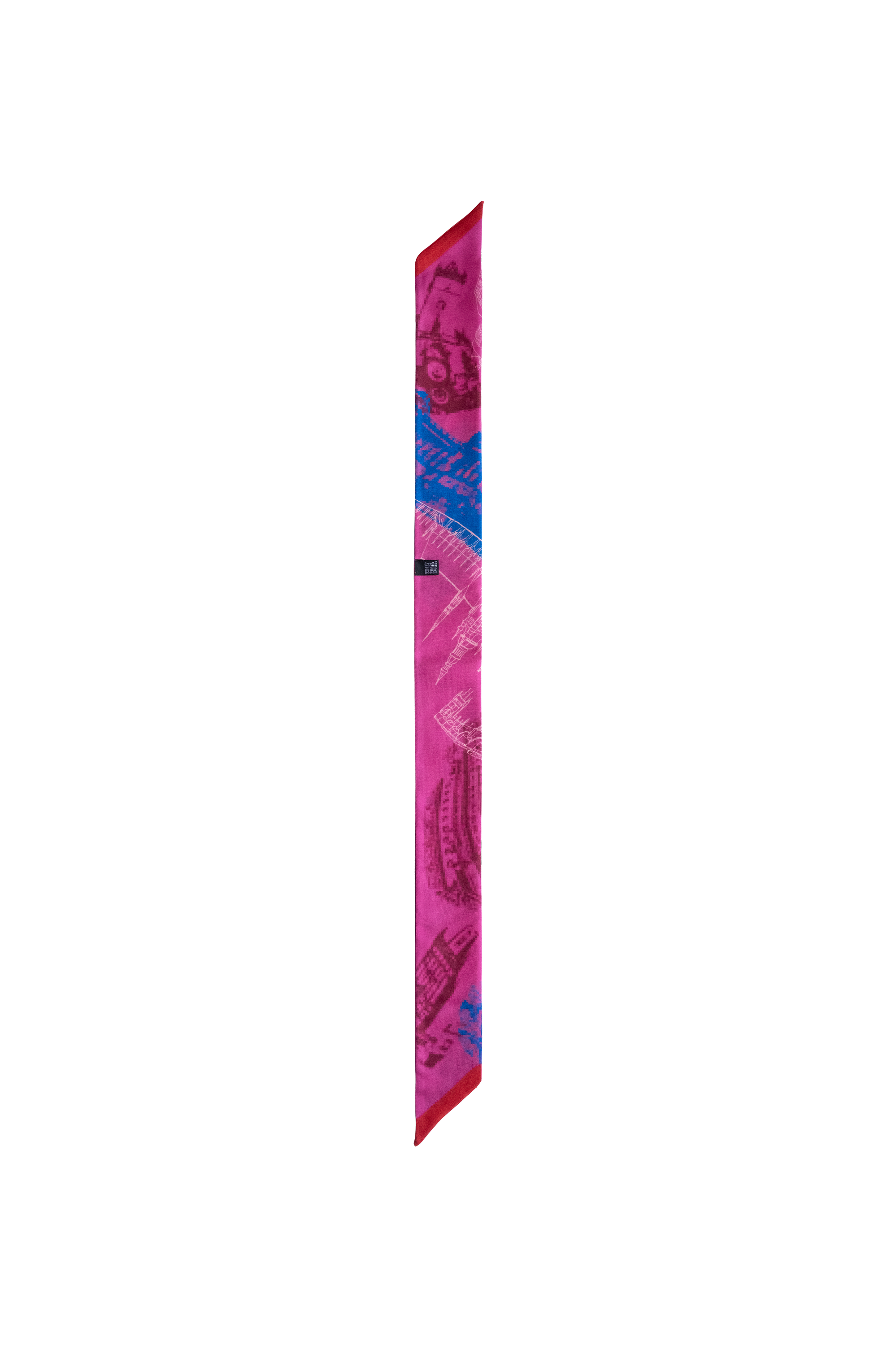 EMBLEMM Thin Silk Scarf with Prague Print 'Distorted Prague' with pixelated and hand-drawn Prague Landmarks in Pink, Blue and Burgundy