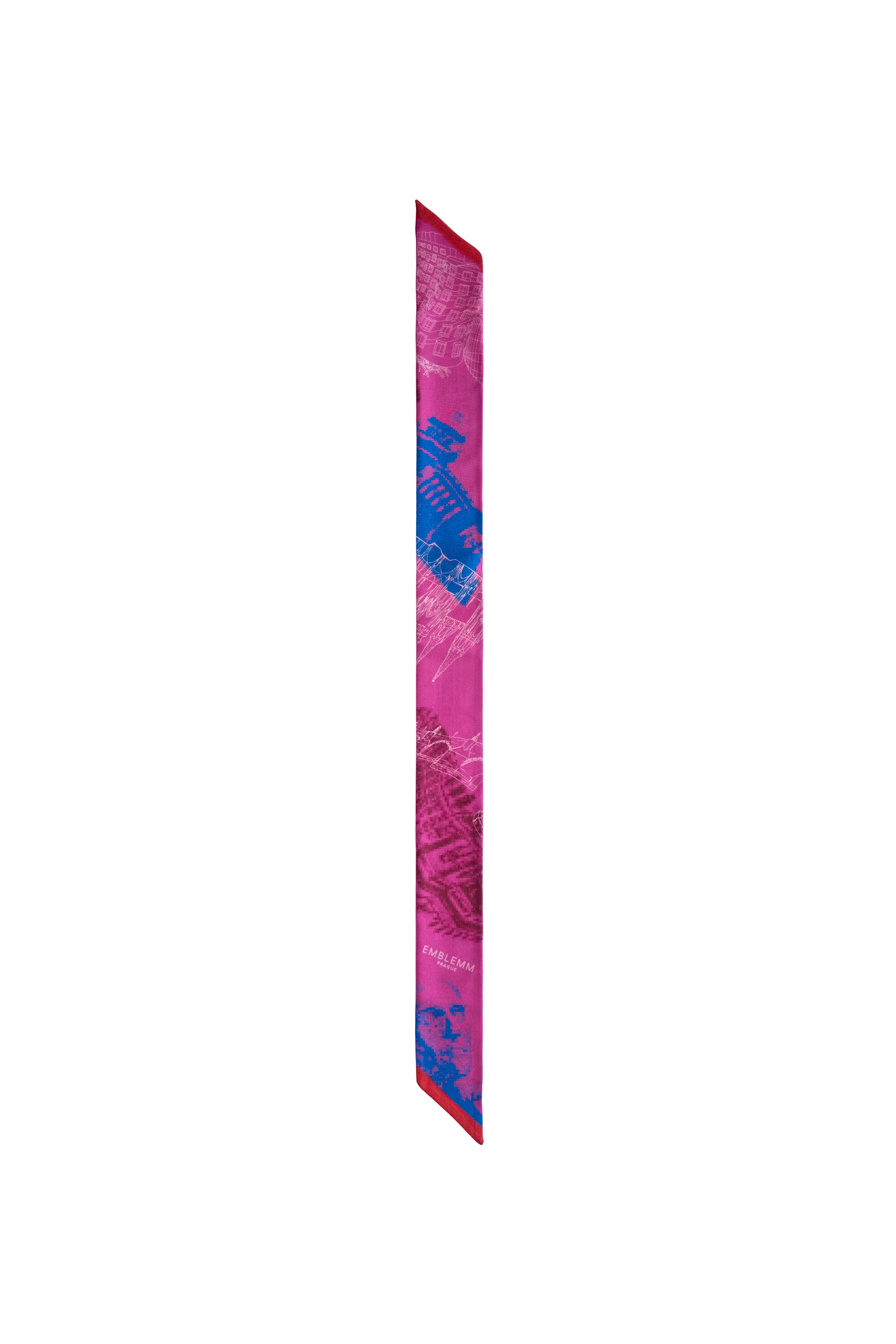 EMBLEMM Thin Silk Scarf with Prague Print 'Distorted Prague' with pixelated and hand-drawn Prague Landmarks in Pink, Blue and Burgundy