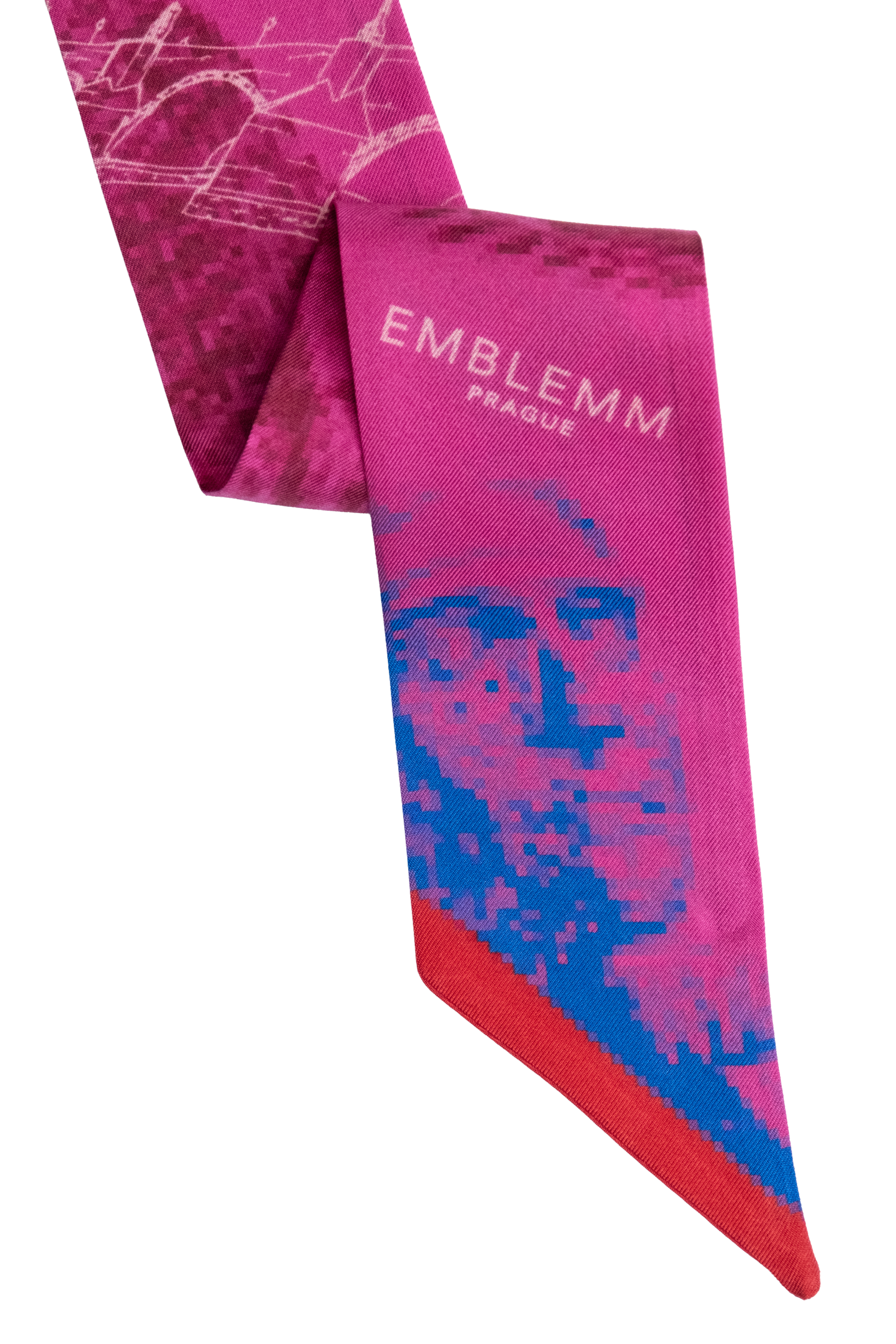 EMBLEMM Thin Silk Scarf with Prague Print 'Distorted Prague' with pixelated and hand-drawn Prague Landmarks in Pink, Blue and Burgundy