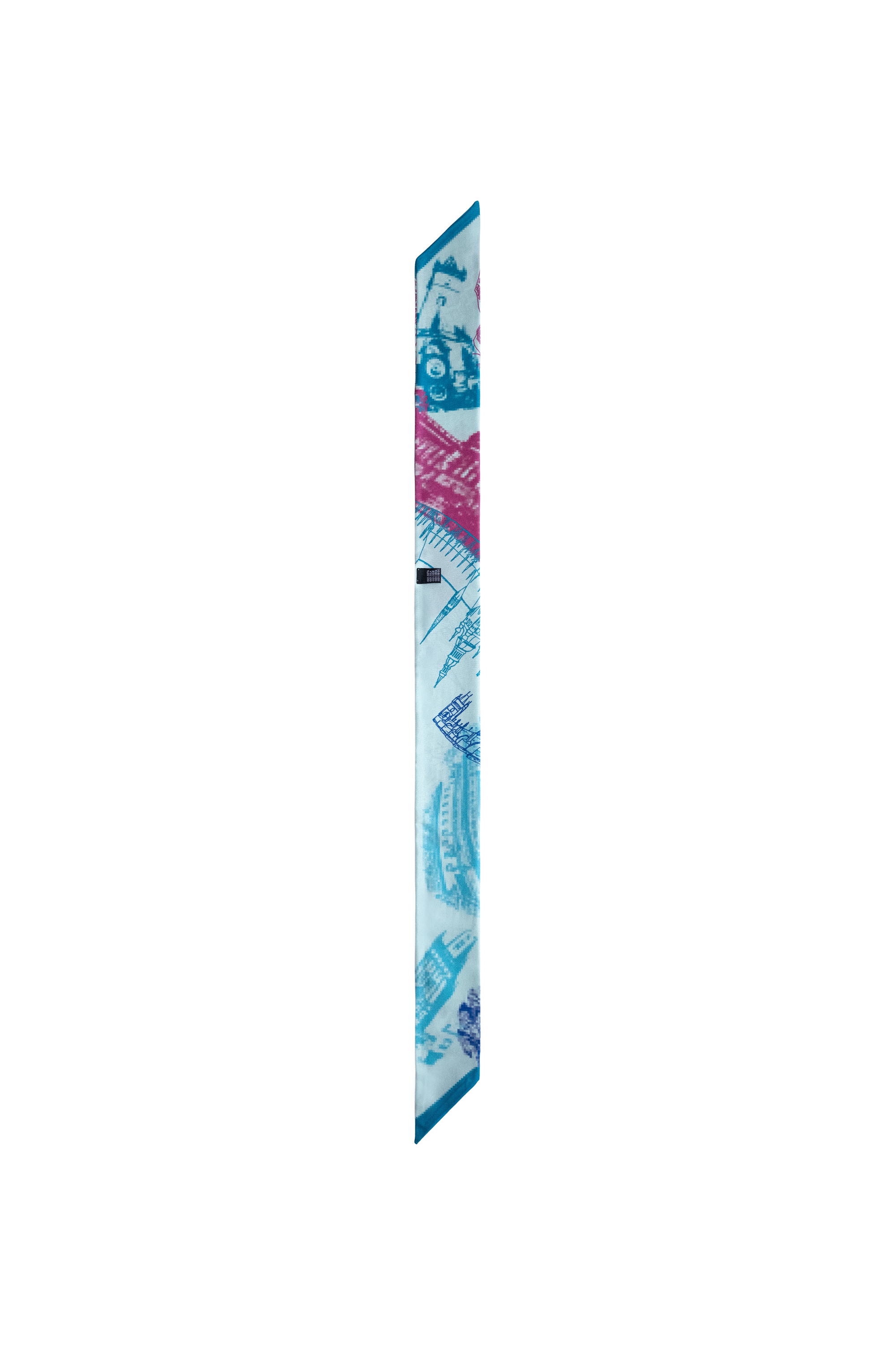 EMBLEMM Thin Silk Scarf with Prague Print 'Distorted Prague' with pixelated and hand-drawn Prague Landmarks in Light Green, Pink and Blue