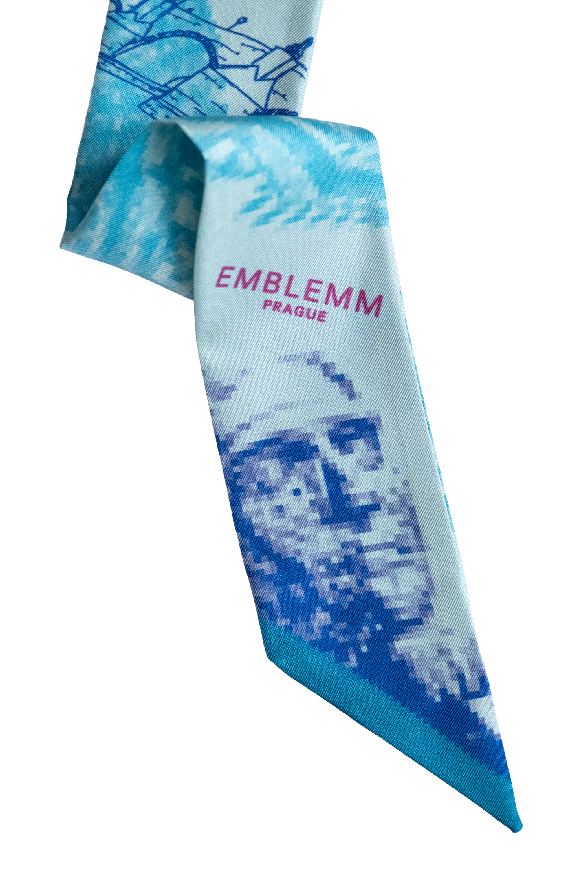EMBLEMM Thin Silk Scarf with Prague Print 'Distorted Prague' with pixelated and hand-drawn Prague Landmarks in Light Green, Pink and Blue
