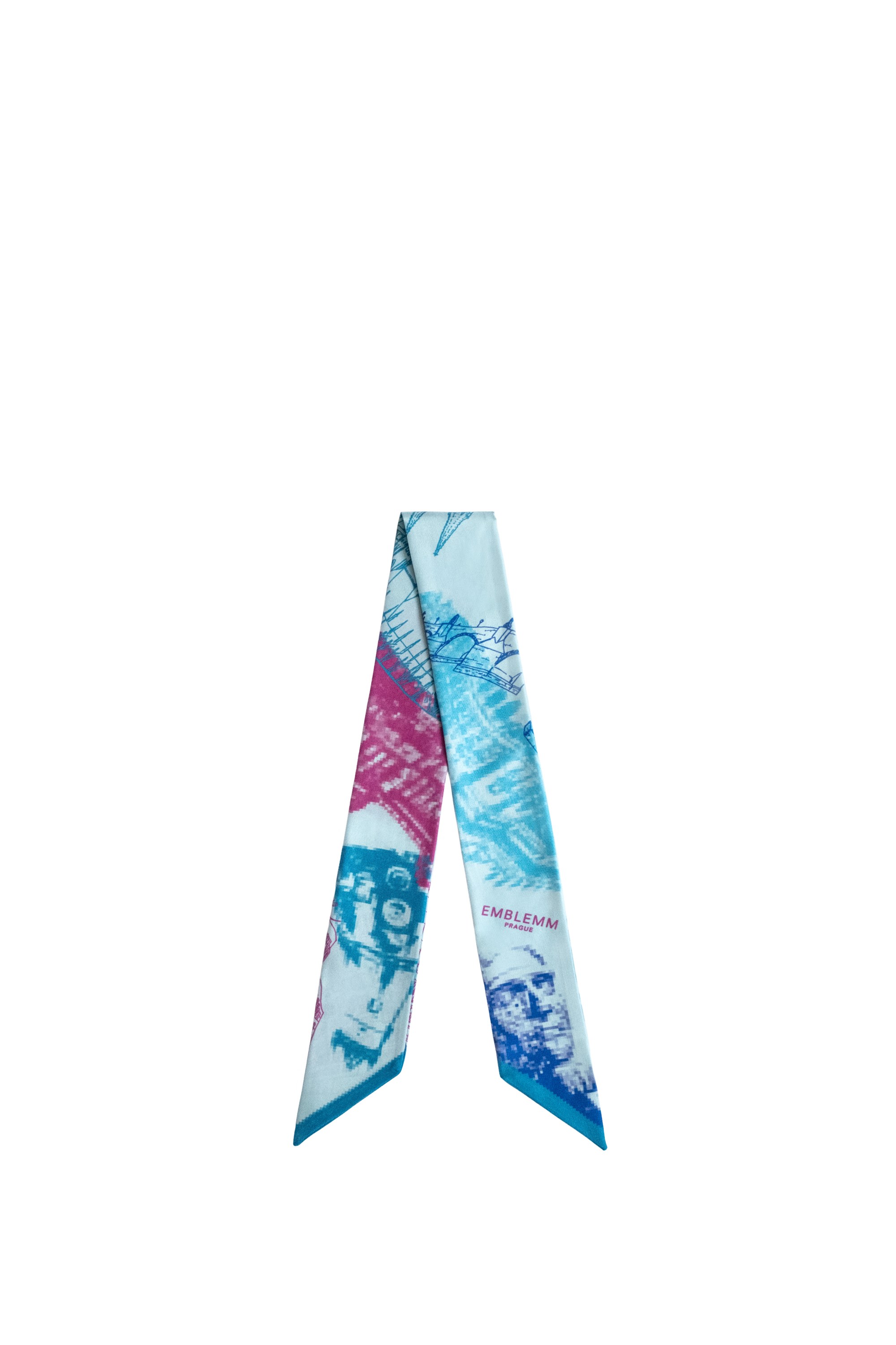 EMBLEMM Thin Silk Scarf with Prague Print 'Distorted Prague' with pixelated and hand-drawn Prague Landmarks in Light Green, Pink and Blue
