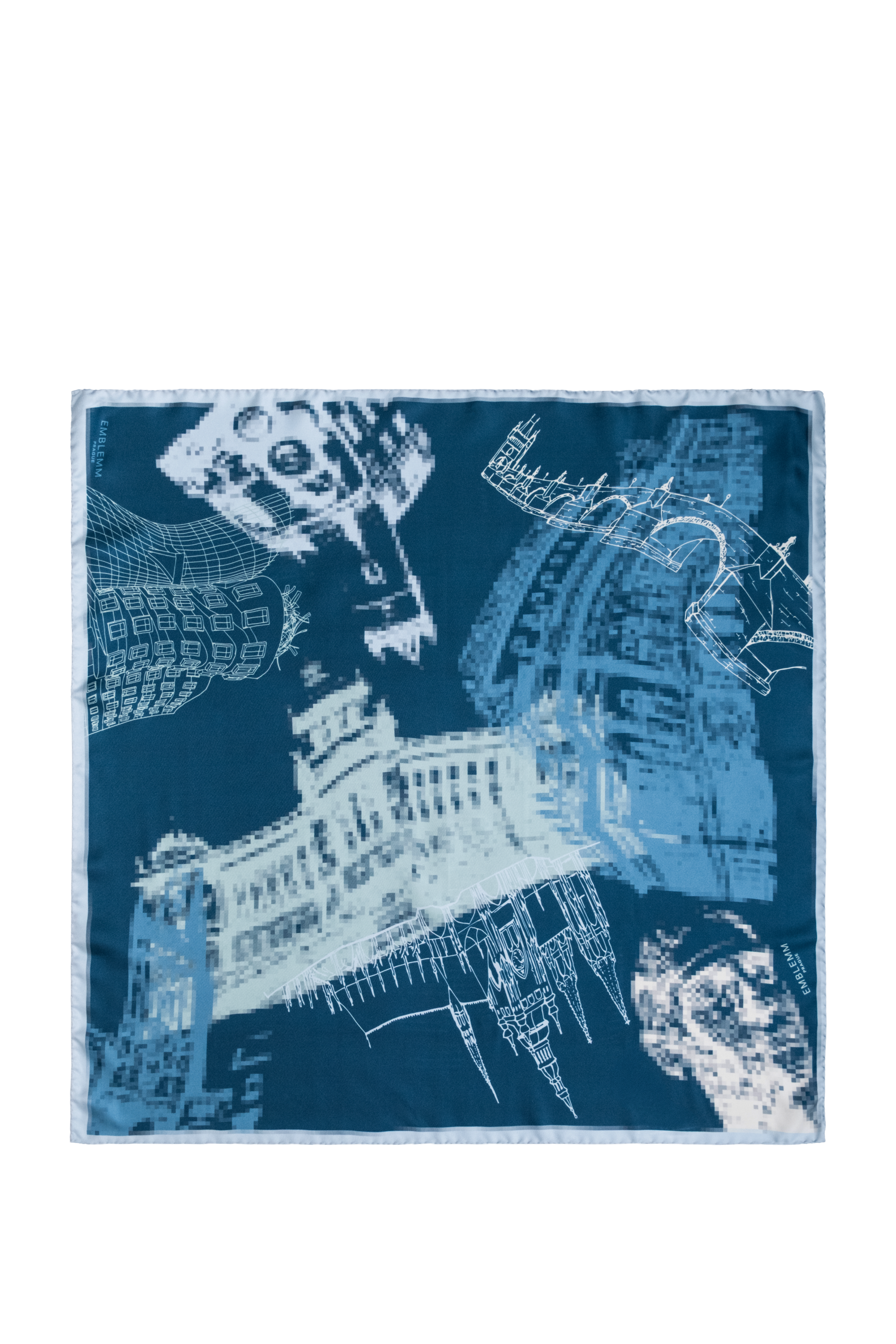 EMBLEMM Square Silk Scarf with Prague Print 'Distorted Prague' with pixelated and hand-drawn Prague Landmarks in Dark Blue, Light Blue and Green
