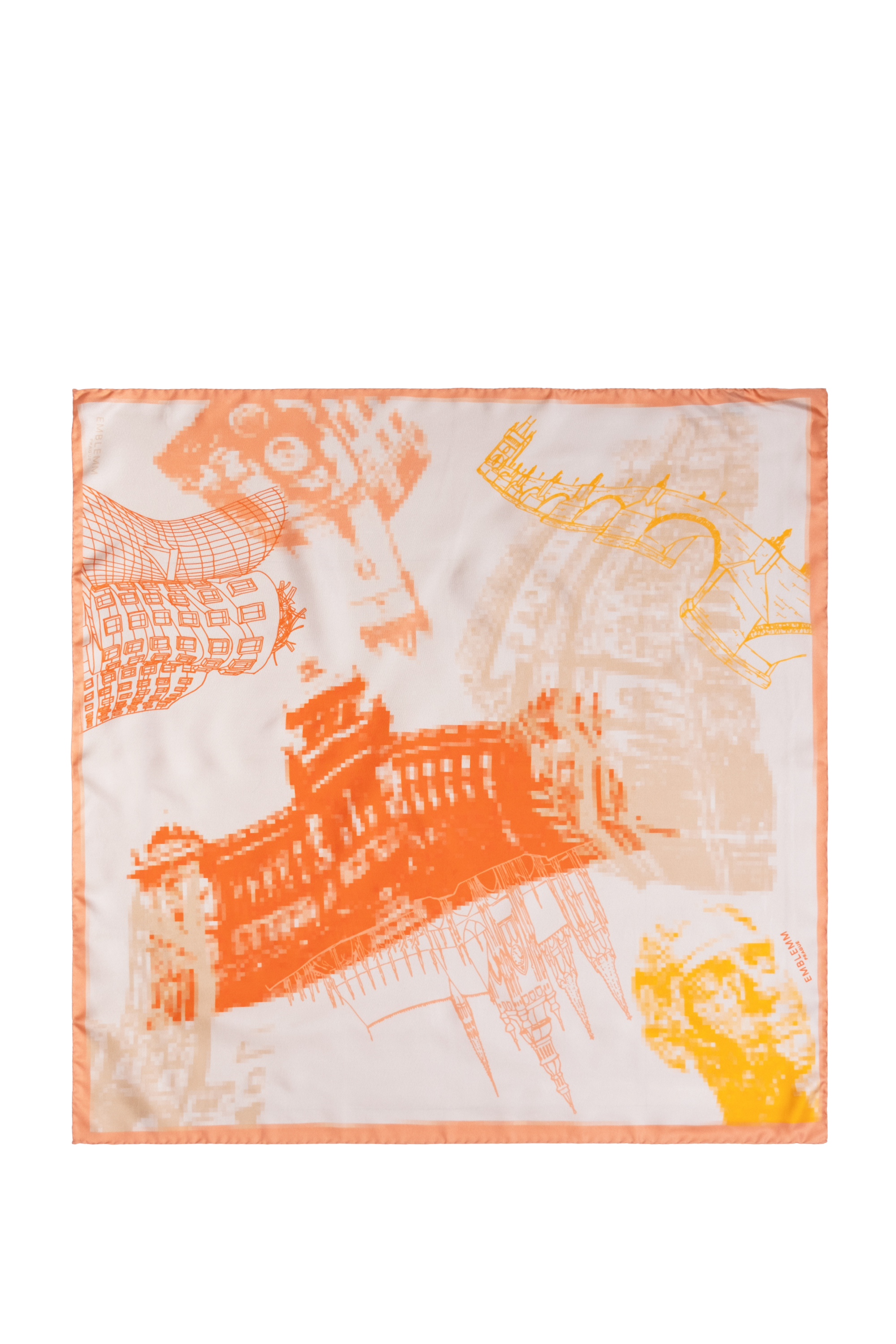 EMBLEMM Square Silk Scarf with Prague Print 'Distorted Prague' with pixelated and hand-drawn Prague Landmarks in Orange, Yellow and Cream