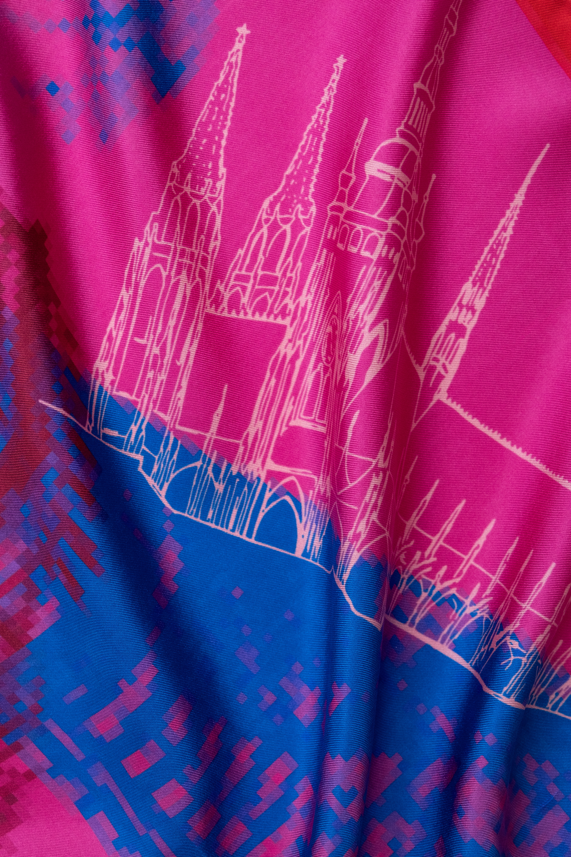 EMBLEMM Square Silk Scarf with Prague Print 'Distorted Prague' with pixelated and hand-drawn Prague Landmarks in Pink and Blue Detail