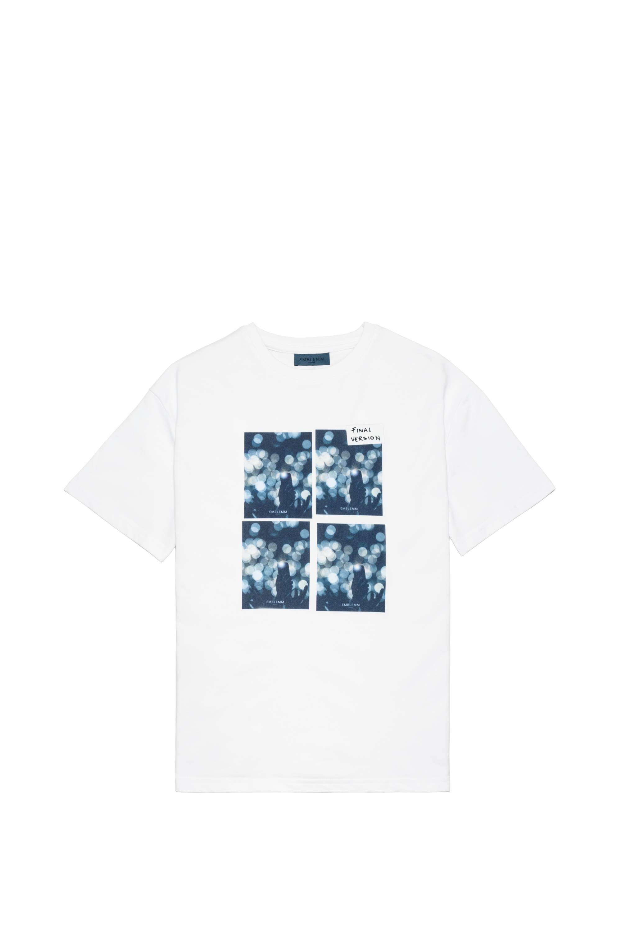 EMBLEMM T-shirt in White Organic Cotton Blend with Audience Test Print