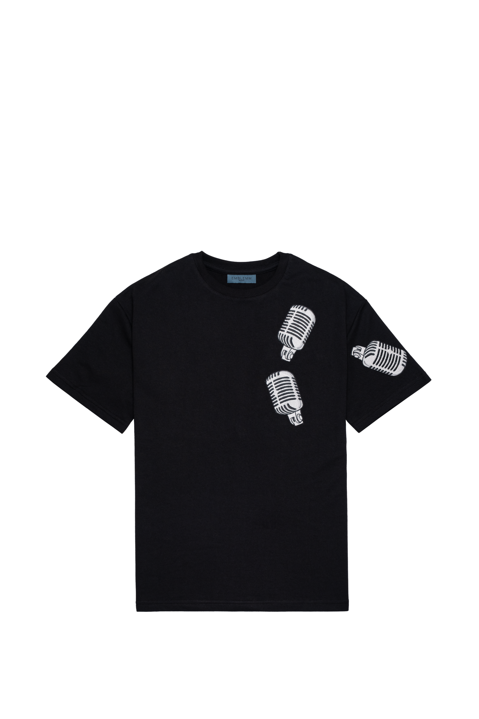 EMBLEMM T-shirt in Black Organic Cotton Blend with Vintage Microphone Patches